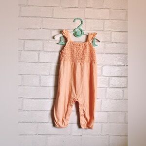 Okie Dokie Orange Neon Peach Romper with Smock Chest and Button Legs 6M